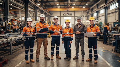 Precision industrial engineers at Apex plant wearing vanguard protective workwear